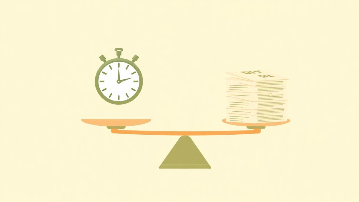 Illustration: Waage mit Stoppuhr und Papierstapel – Zeit vs. Eigenaufwand.