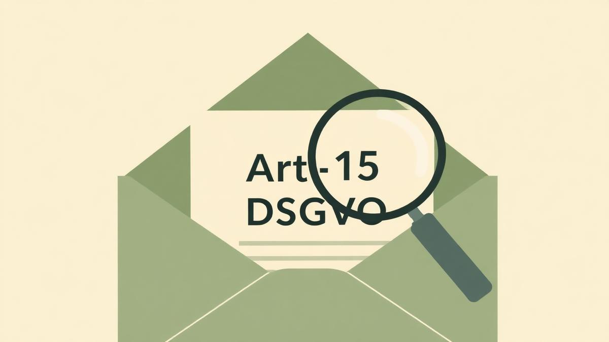 Illustration: Geöffneter Brief mit Dokument „Art. 15 DSGVO“ und Lupe – kostenloses Auskunftsrecht.