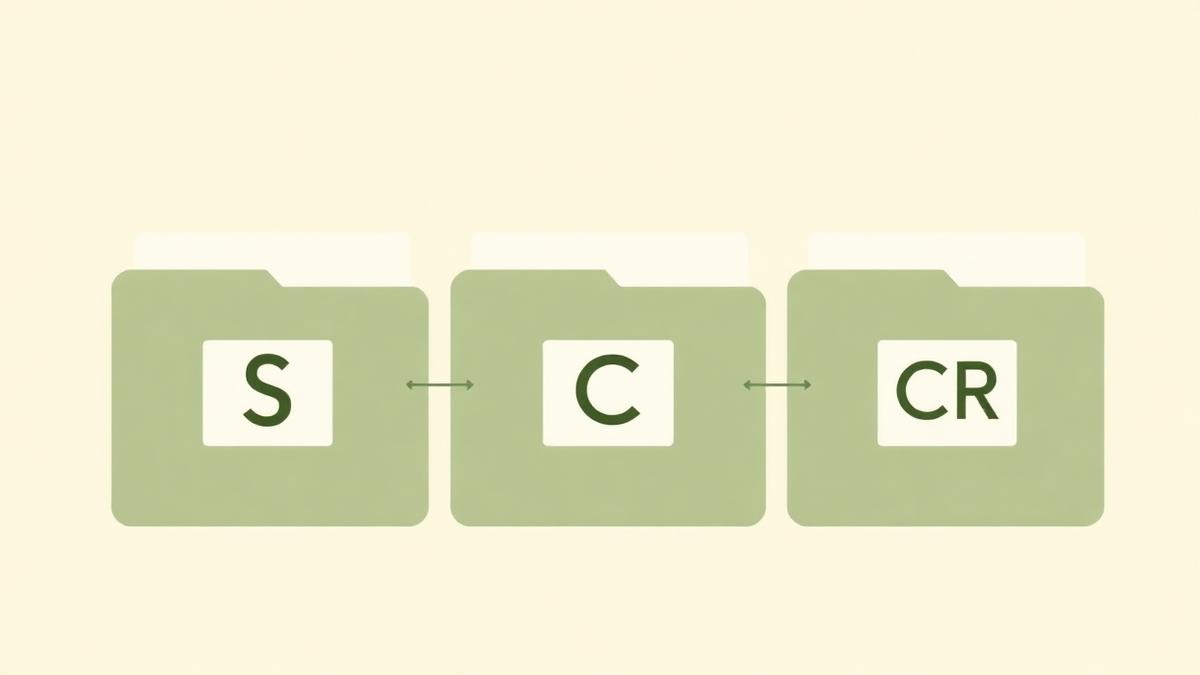 Illustration: Drei verbundene Ordner mit den Buchstaben S, C und CR – Vergleich der drei großen Auskunfteien.