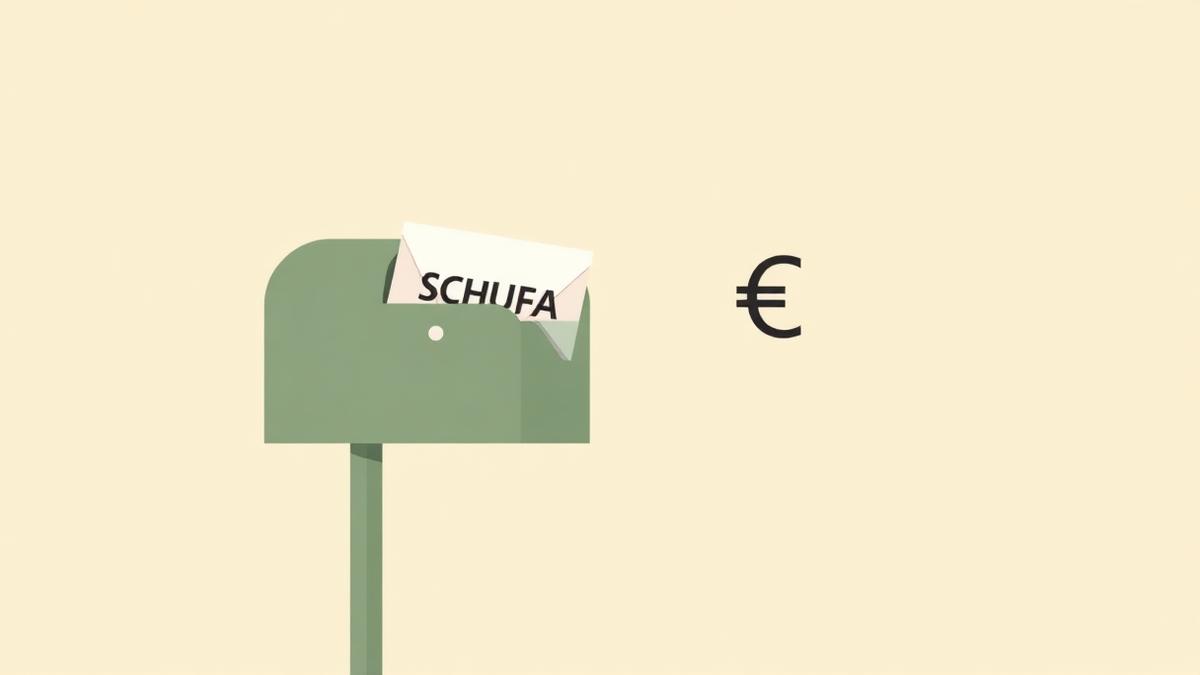Illustration: Briefkasten mit SCHUFA‑Umschlag und durchgestrichenem Euro‑Symbol.